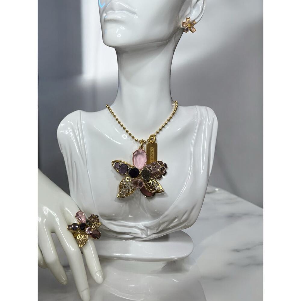 Y2K Coach Daphne Crystal Flower Filigree Long Necklace, Earrings and Ring Size 8